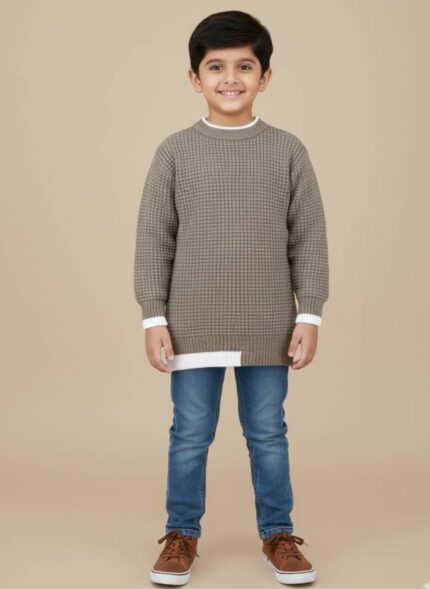 studio shot of a light brown/beige kid boy Waffle Knit Sweater with a crew neck and white striped tipping on the collar, cuffs, and hem.