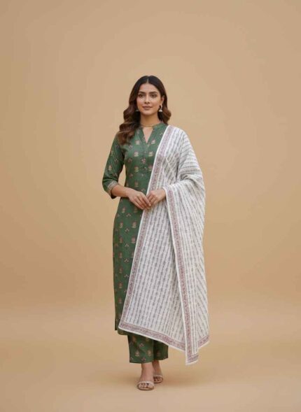 Green khaddar unstitched women suit fabric Safina winter khaddar three piece suit Printed khaddar shirt fabric with dupatta Traditional green women winter suit fabric Unstitched khaddar suit laid flat 3pc unstitched khaddar suit