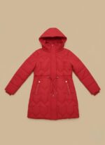 Red winter coat for women with hood, quilted design, long sleeves, and adjustable waist.