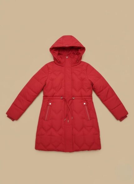 Red winter coat for women with hood, quilted design, long sleeves, and adjustable waist.