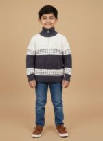 Close-up of a boys' wool quarter-zip sweater in Off-White, Brown, and Grey with cable knit texture.High-neck wool sweater for kids showing the distinct horizontal stripes and stitched patterns.Front view of a warm, multi-colored wool sweater with a partial zipper closure.Brown and Off-White stitched knitwear for children, highlighting the cable-knit sleeves and body. Gellani winter wear: Kids wool sweater with grey collar detail on a brown background.Boys Wool Sweater for Winter in Pakistan
