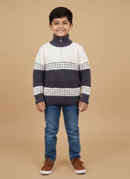 Close-up of a boys' wool quarter-zip sweater in Off-White, Brown, and Grey with cable knit texture.High-neck wool sweater for kids showing the distinct horizontal stripes and stitched patterns.Front view of a warm, multi-colored wool sweater with a partial zipper closure.Brown and Off-White stitched knitwear for children, highlighting the cable-knit sleeves and body. Gellani winter wear: Kids wool sweater with grey collar detail on a brown background.Boys Wool Sweater for Winter in Pakistan
