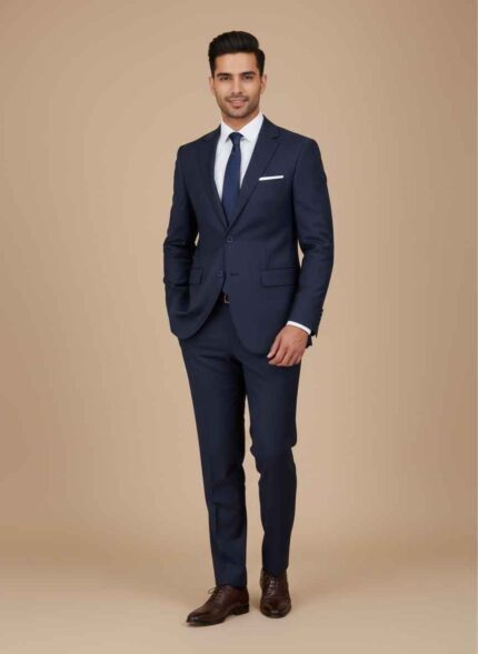 Navy blue men’s two-piece formal suit front view Stitched men’s formal suit with coat and trousers Winter wear men’s navy blue dress suit Premium tropical fabric men’s formal suit Classic men’s formal suit for business wear 2pc dress suit for men in Pakistan