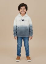 Flat lay of a two-tone gradient ombre hoodie in shades of pale green and off white, featuring a hood, drawstrings, and a front kangaroo pocket.