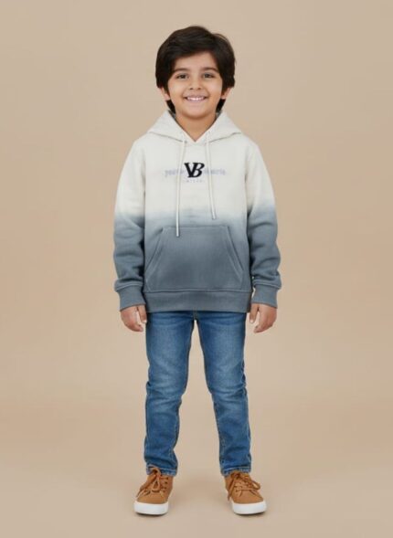 Flat lay of a two-tone gradient ombre hoodie in shades of pale green and off white, featuring a hood, drawstrings, and a front kangaroo pocket.