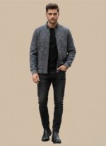 men's grey patterned zip-up jacket featuring an abstract geometric woven design, a full-front zipper, ribbed stand-up collar, cuffs, and hem, and zippered side pockets.