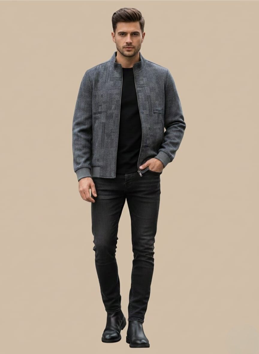 Grey Patterned Zip-Up Jacket | Men's Textured Bomber men's grey patterned zip-up jacket featuring an abstract geometric woven design, a full-front zipper, ribbed stand-up collar, cuffs, and hem, and zippered side pockets.