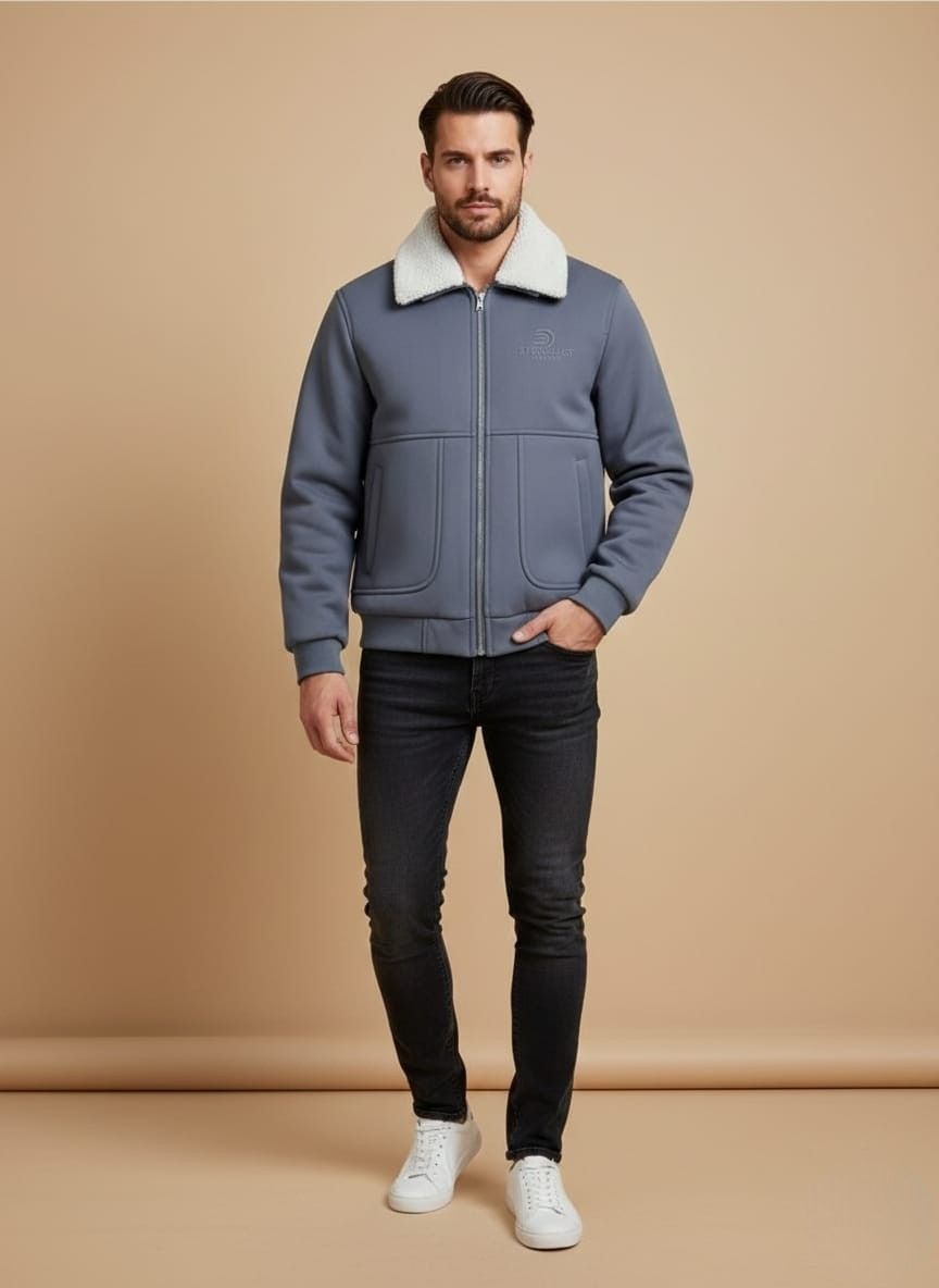 Men's Collar Jacket | Grey Textured Zip-Up men's dark grey textured zip-up jacket featuring a prominent white collar, an all-over geometric pattern, zippered side pockets, and ribbed cuffs and hem.