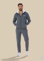 Men's full zip hoodie sweater and trouser gray tracksuit set with a white 'V' logo and 'VELACE' branding.