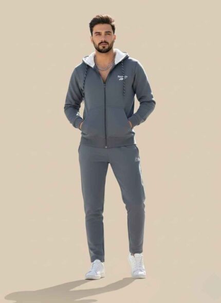 Men's full zip hoodie sweater and trouser gray tracksuit set with a white 'V' logo and 'VELACE' branding.