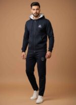 Men's full zip hoodie and jogger navy blue tracksuit set with a white 'V' logo and 'VELACE' branding.