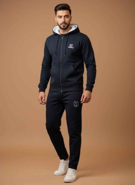 Men's full zip hoodie and jogger navy blue tracksuit set with a white 'V' logo and 'VELACE' branding.