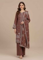 AALAYA-3pc-unstitched-suit-for-women-brown-dhanak-check- Intricate-white-embroidery-on-brown-winter-shirt-fabric Close-up-of-dhanak-check-fabric-texture-with-embroidery Full-length-view-of-women-wearing-brown-embroidered-suit AALAYA-winter-collection-unstitched-three-piece-embroidered-set 3pc Unstitched Suit for Women in Pakistan