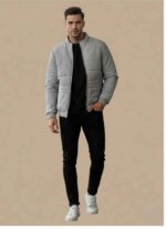 Gelani's black parachute jacket for men with quilted winter lining Light gray stitched wind-resistant parachute jacket for men Men's gray parachute winter jacket with full front zipper detail Back view of durable parachute jacket for men in light gray Gelani's branded winter outerwear parachute jacket for men Pakistan parachute jacket for men