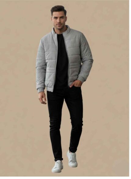 Gelani's black parachute jacket for men with quilted winter lining Light gray stitched wind-resistant parachute jacket for men Men's gray parachute winter jacket with full front zipper detail Back view of durable parachute jacket for men in light gray Gelani's branded winter outerwear parachute jacket for men Pakistan parachute jacket for men