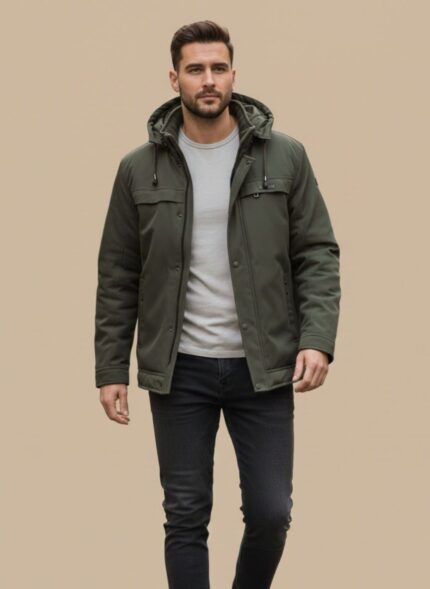 Gelani's olive green fleece jacket for men with hood Front view of dark green stitched winter jacket for men Close-up of premium fleece material on men's winter coat Gray fleece jacket for men with functional zipper and pockets Stylish winter outerwear for men by Gelani's brand Pakistan fleece jacket for men