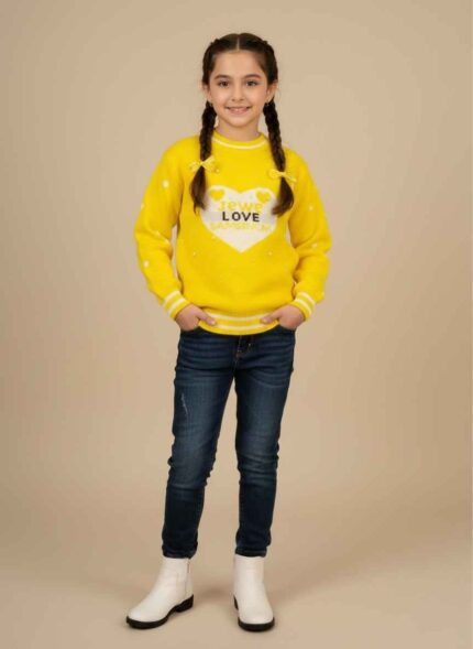 Yellow rabbit wool sweater for girl with heart design and pearl accents. Pink ink color warm winter sweater for girls aged 3 to 7 years. Classic black stitched wool sweater for kids winter fashion. Vibrant red rabbit wool sweater for girl featuring white heart embroidery. Gelani brand winter collection sweater for girls on light brown background. rabbit wool sweater for girl