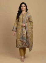 Gelani's mustard 3pc unstitched khaddar suit for women with floral printed shirt Close-up of premium mustard winter khaddar fabric with white flower patterns Mustard yellow unstitched three piece winter suit for women showing dupatta and shirt Authentic Pakistani khaddar suit for women in mustard floral design Traditional 3-piece winter ethnic wear for women by Gelani's brand 3pc unstitched khaddar suit for women
