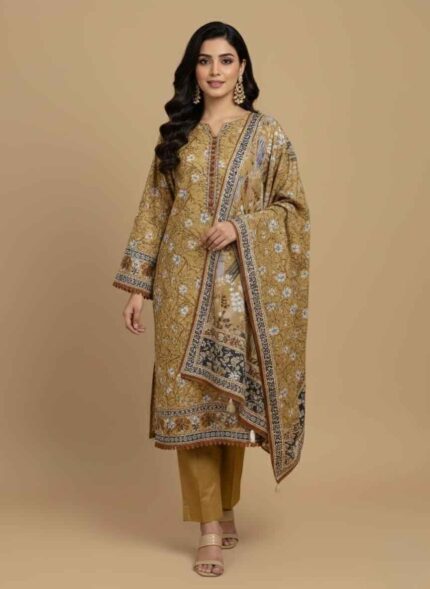 Gelani's mustard 3pc unstitched khaddar suit for women with floral printed shirt Close-up of premium mustard winter khaddar fabric with white flower patterns Mustard yellow unstitched three piece winter suit for women showing dupatta and shirt Authentic Pakistani khaddar suit for women in mustard floral design Traditional 3-piece winter ethnic wear for women by Gelani's brand 3pc unstitched khaddar suit for women