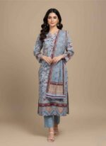Gelani's misty blue 3pc unstitched khaddar suit for women with floral printed shirt Close-up of premium misty blue winter khaddar fabric with multi-color flower patterns Misty blue unstitched three piece winter suit for women showing dupatta and shirt Authentic Pakistani khaddar suit for women in misty blue floral design Traditional 3-piece winter ethnic wear for women by Gelani's brand 3pc unstitched khaddar suit for women