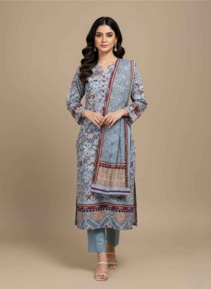 Gelani's misty blue 3pc unstitched khaddar suit for women with floral printed shirt Close-up of premium misty blue winter khaddar fabric with multi-color flower patterns Misty blue unstitched three piece winter suit for women showing dupatta and shirt Authentic Pakistani khaddar suit for women in misty blue floral design Traditional 3-piece winter ethnic wear for women by Gelani's brand 3pc unstitched khaddar suit for women