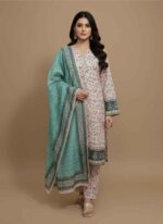 safina peach 3pc unstitched khaddar suit for women with teal floral prints Close-up of premium peach winter khaddar fabric with intricate flower patterns Peach unstitched three piece winter suit for women showing dupatta and shirt pieces Authentic Pakistani khaddar suit for women in peach floral design Traditional 3-piece winter ethnic wear for women by safina brand 3pc unstitched khaddar suit for women