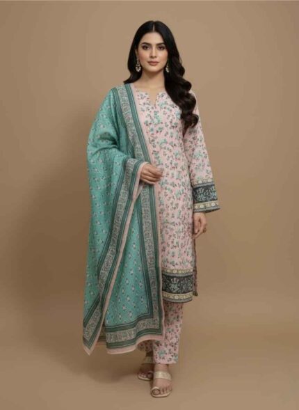 safina peach 3pc unstitched khaddar suit for women with teal floral prints Close-up of premium peach winter khaddar fabric with intricate flower patterns Peach unstitched three piece winter suit for women showing dupatta and shirt pieces Authentic Pakistani khaddar suit for women in peach floral design Traditional 3-piece winter ethnic wear for women by safina brand 3pc unstitched khaddar suit for women