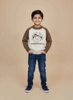Boys fleece sweatshirt in white and brown with raglan sleeves Kids winter fleece top with Habilimets character graphic Front view of warm fleece sweatshirt for 6 year old boy Brown and white long sleeve kids winter wear top Soft texture fleece sweatshirt for boys in Pakistan Boys Fleece Sweatshirt in Pakistan