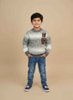 Boys woolen sweater in gray and white textured knit Kids winter sweater with double chest pocket detail Textured wool knitwear for 6 year old boys Gray and white gradient kids sweater for winter Warm long sleeve woolen top for boys in Pakistan Boys Woolen Sweater in Pakistan