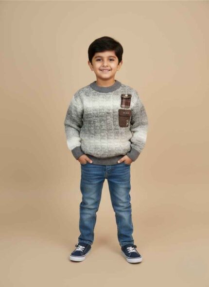 Boys woolen sweater in gray and white textured knit Kids winter sweater with double chest pocket detail Textured wool knitwear for 6 year old boys Gray and white gradient kids sweater for winter Warm long sleeve woolen top for boys in Pakistan Boys Woolen Sweater in Pakistan