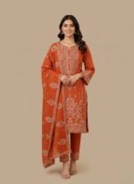 AALAYA-3pc-unstitched-dhanak-check-suit-for-women-orange Intricate-embroidery-on-orange-winter-shirt-fabric-AALAYA Close-up-of-dhanak-check-fabric-texture-with-shimmer-detail Unstitched-three-piece-embroidered-suit-flat-lay-orange-color AALAYA-winter-collection-unstitched-three-piece-suit-pakistan 3pc Unstitched dhanak Check Suit for Women