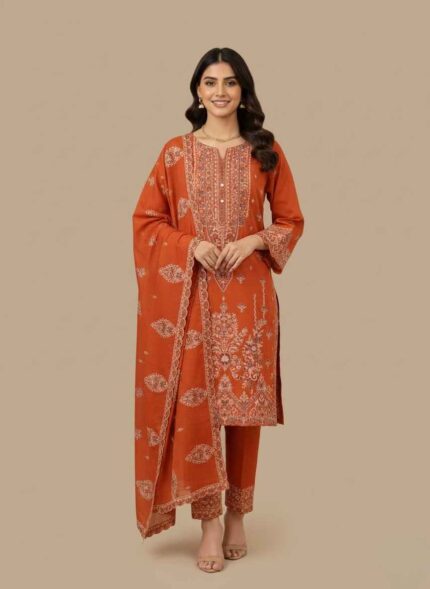 AALAYA-3pc-unstitched-dhanak-check-suit-for-women-orange Intricate-embroidery-on-orange-winter-shirt-fabric-AALAYA Close-up-of-dhanak-check-fabric-texture-with-shimmer-detail Unstitched-three-piece-embroidered-suit-flat-lay-orange-color AALAYA-winter-collection-unstitched-three-piece-suit-pakistan 3pc Unstitched dhanak Check Suit for Women