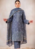 Mizaaj-by-AALAYA-gray-winter-kameez-with-white-embroidery Close-up-of-textured-peach-slub-fabric-weave Pakistani-women-unstitched-3-piece-winter-suit-flat-lay Elegant-gray-dupatta-with-intricate-border-patterns Premium-unstitched-trouser-fabric-for-women-winter-collection