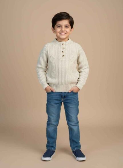 Kids woolen sweater in skin color with cable knit pattern Close up of buttoned neck detail on children's woolen knitwear Warm off-white winter sweater for 6 year old kids Textured woolen knit sweater for boys and girls in Pakistan Premium quality thick wool sweater for children's winter wardrobe Kids Woolen Sweater in Pakistan