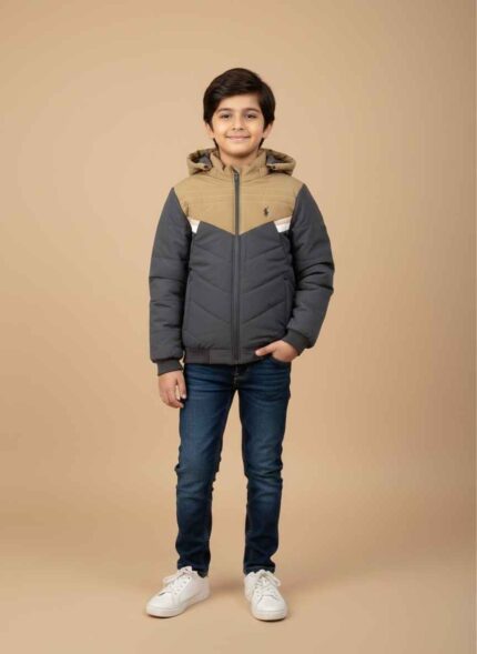 boy-winter-parachute-jacket-black-color-gelani kids-warm-hooded-jacket-stitched-design-pakistan front-view-of-boy-blue-baby-romper-suit close-up-of-brown-waistcoat-detail-on-baby-clothing gelani-brand-boys-winter-outerwear-lime-green parachute jacket for boy
