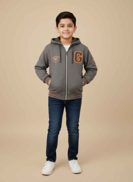 Grey fleece jacket for boy with G2 logo embroidery and brown striped cuffs. Mustard color stitched winter jacket for kids with hood and zipper. Back view of a black fleece winter coat for boys aged 3 to 5 years. Close-up of the soft fleece fabric and high-quality stitching on a Gelani jacket. Toddler boy winter fashion jacket in gray color for Pakistan weather. fleece jacket for boy