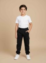 Boys black fleece joggers with elastic waistband and Gelani branding. Premium red fleece trouser for boys with side pockets for winter. Navy blue stitched winter joggers for boys in Pakistan. Close-up of soft green fleece fabric texture on kids' trousers. Versatile winter fleece trousers for boys available in black and navy blue.
