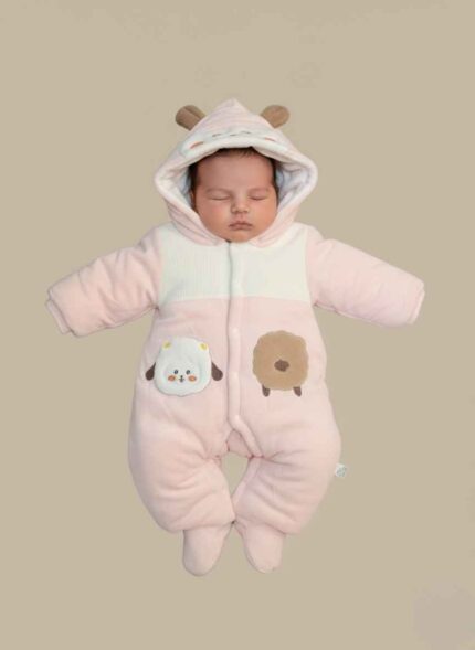 Half white stitched winter baby romper with soft polyester fleece. Pink winter baby romper Pakistan for 12-18 month old girls. Light purple cozy infant romper for winter season play. Sky blue polyester baby romper by Gelani's for boys and girls. Close-up of durable stitching on a premium winter baby romper.