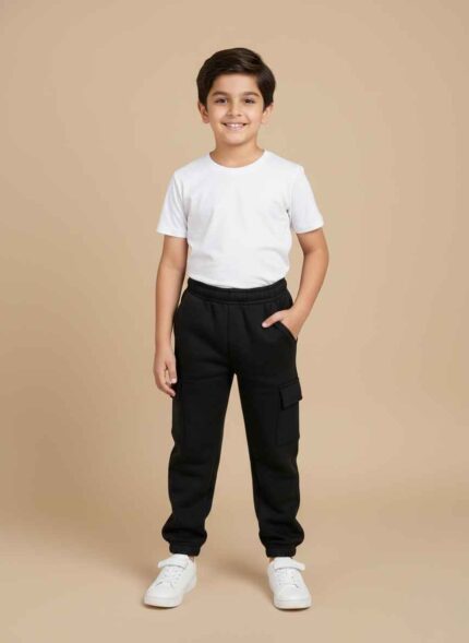 Boys black fleece joggers with elastic waistband and Gelani branding. Premium red fleece trouser for boys with side pockets for winter. Navy blue stitched winter joggers for boys in Pakistan. Close-up of soft green fleece fabric texture on kids' trousers. Versatile winter fleece trousers for boys available in black and navy blue.