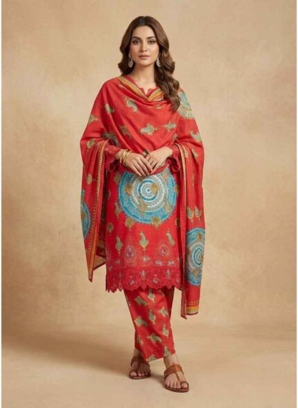 Tana Bana red 3pc unstitched khaddar suit for women with paisley print Traditional winter unstitched khaddar shirt with blue circular design Close-up of premium red khaddar fabric for women's winter clothing Three piece unstitched Pakistani suit in red for winter season Tana Bana brand winter khaddar collection for women in Pakistan 3pc unstitched khaddar suit for women