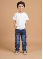 boys-blue-cargo-denim-jeans-with-cool-dude-patchkids-winter-denim-pants-with-elastic-drawstring-waistside-cargo-pockets-detail-on-boys-blue-jeansgelani-brand-boys-winter-clothing-collection-pakistanacid-wash-blue-denim-trousers-for-six-year-old-boysBoys cargo jeans in Pakistan