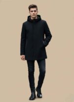 Gelani's men's black wool coat with protective stitched hood Front view of premium black hooded wool coat for men in XL size Close up of high quality stitched wool fabric on black winter coat Stylish plus size men's black hooded winter coat by Gelani's Durable black wool outerwear for men with integrated hood detail black hooded wool coat for men