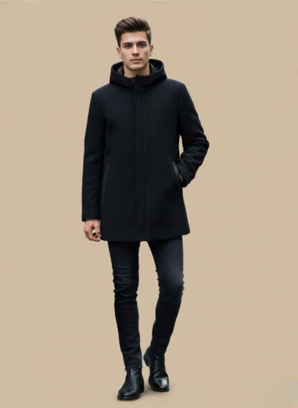 Gelani's men's black wool coat with protective stitched hood Front view of premium black hooded wool coat for men in XL size Close up of high quality stitched wool fabric on black winter coat Stylish plus size men's black hooded winter coat by Gelani's Durable black wool outerwear for men with integrated hood detail black hooded wool coat for men