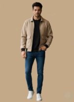 Gelani's skin color fleece jacket for men with front zipper and black cuffs Light skin tone stitched winter fleece jacket for men side view Close-up of premium fleece material on Gelani's men's winter coat Men's casual winter fleece jacket in light skin color Pakistan Gelani's branded fleece jacket for men showing collar and pocket detail fleece jacket for men