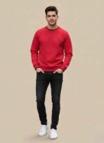 Gelani's men's maroon wool sweatshirt with stitched crew neck detail Front view of premium black whool sweat shirt for men on plain background Close-up of soft wool fabric texture on a gray winter sweatshirt Men's blue stitched wool sweatshirt for casual winter wear Pakistan Stack of colorful men's winter wool shirts showing skin and brown colors whool sweat shirt for men