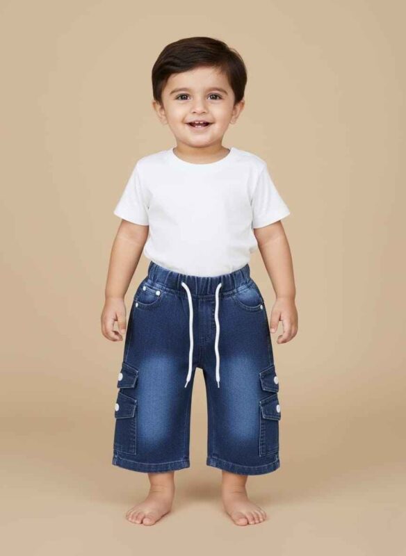 boys-navy-blue-denim-cargo-shorts-with-cool-dude-patchkids-winter-denim-cargo-pants-pakistan-gelani-brandclose-up-of-elastic-drawstring-waistband-on-boys-shortsboys-utility-cargo-pockets-detail-on-navy-denimtrendy-acid-wash-denim-shorts-for-six-year-old-boysBoys denim cargo shorts in Pakistan