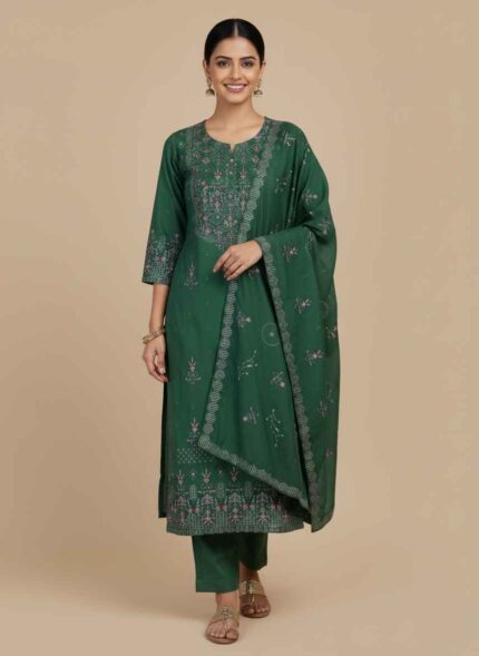 Dhanak by Uqba green 3pc unstitched dhanak suit for women with pink embroidery Detailed embroidery on green winter unstitched shirt for women Premium bottle green dhanak fabric for Pakistani winter fashion Unstitched three piece winter suit for women in green by Dhanak by Uqba Embroidered dupatta and shirt set for women in winter dhanak material 3pc unstitched dhanak suit for women
