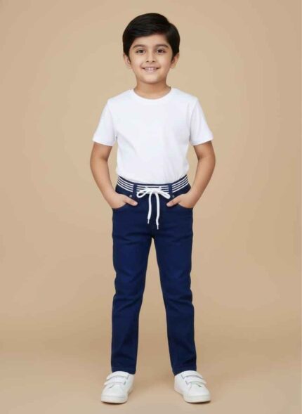 boys-blue-cargo-denim-jeans-with-cool-dude-embroiderykids-winter-denim-shorts-with-utility-side-pocketsboys-denim-pants-with-striped-yellow-elastic-waistbandnavy-blue-boys-denim-trousers-with-white-drawstringgelani-brand-boys-winter-denim-collection-pakistanBoys denim jeans in Pakistan