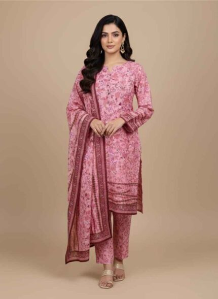 Gelani's women's pink 3pc unstitched khaddar suit for winter High-quality pink khaddar fabric detail for unstitched women's suit Three piece unstitched winter khaddar collection by Gelani's Pakistan Jet pink women's winter suit fabric in authentic khaddar material Traditional Pakistani unstitched 3pc khaddar outfit for women in pink 3pc unstitched khaddar suit for women