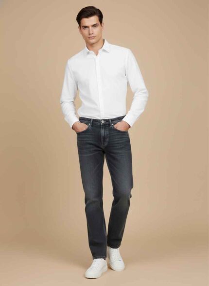 Gelani's men's dark blue stitched jeans pant for winter wear Front view of premium light gray jeans pant for men on plain background Close-up of high-quality denim fabric and stitching on black men's pants Side profile of dark gray jeans pant for men showing pocket detail Full length view of stylish stitched denim jeans for men by Gelani's Pakistan jeans pant for men